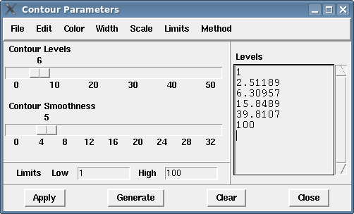 [The "Contour Parameters" dialog box has sliding scales to set the number and smoothness of the contours and fields for setting the range of values.]